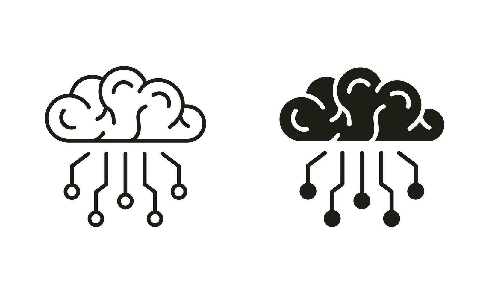Digital Technology Concept, Human Brain with Circuit Silhouette and Line Icons Set. Tech Science Black Symbol Collection. Artificial Intelligence Pictogram. Isolated Vector Illustration.