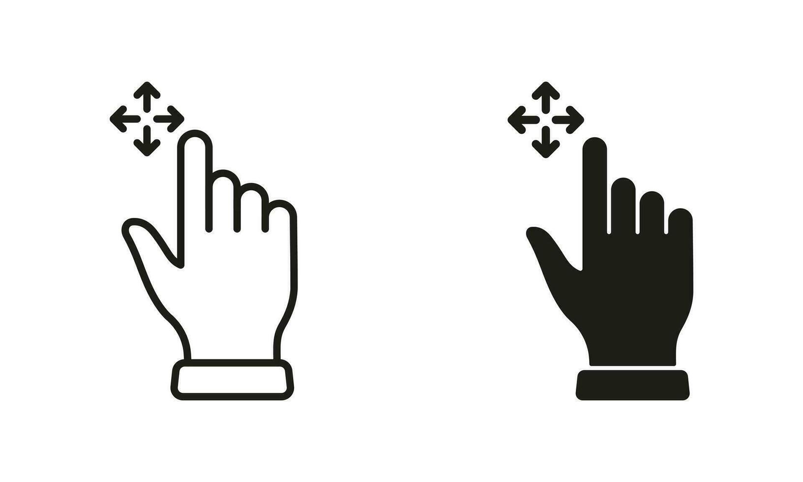 Drag and Drop Arrows with Hand Finger Line and Silhouette Black Icon Set. Pinch Screen, Rotate Touch Screen Pictogram. Drag and Drop Gesture Symbol Collection. Isolated Vector Illustration.