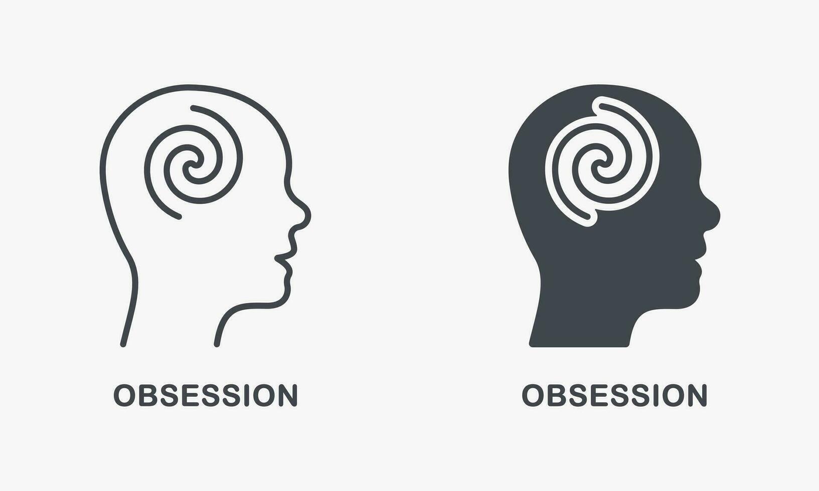 Mental Obsession in Human Head Silhouette and Line Icon Set. Depression, Hypnosis Psychology Therapy Pictogram. Mind Disorder Symbol Collection. Intellectual Process. Isolated Vector Illustration.