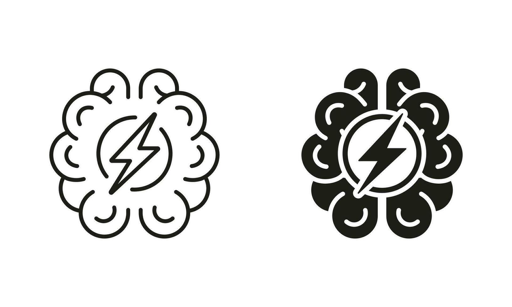 Stress, Brainstorm, Mental Illness Concept Silhouette and Line Icons Set. Depression, Distress Pictogram. Human Brain with Lightning, Headache Black Symbol Collection. Isolated Vector Illustration.