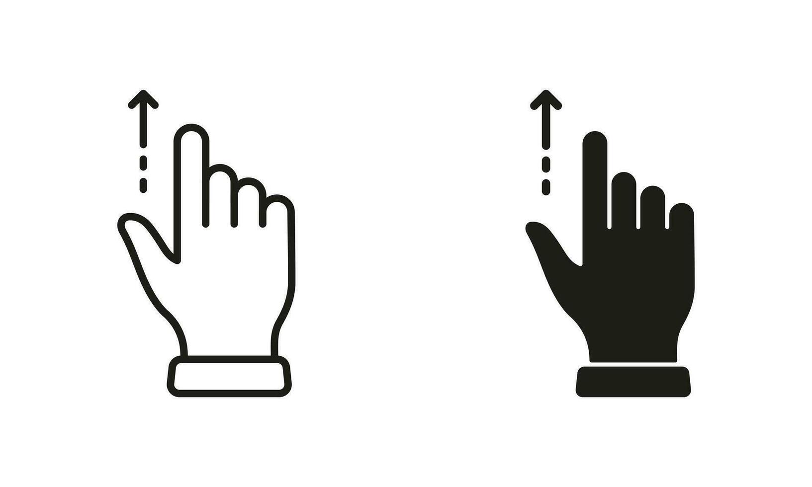 Hand Finger Drag Up Line and Silhouette Black Icon Set. Gesture Swipe and Slide Up Pictogram. Pinch Screen, Rotate on Screen Symbol Collection on White Background. Isolated Vector Illustration.