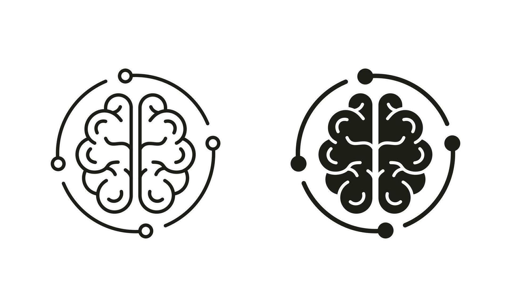 Human Brain and Digital Technology Silhouette and Line Icons Set. Neurology and Artificial Intelligence Black Symbol Collection on White Background. Tech Science Sign. Isolated Vector Illustration.