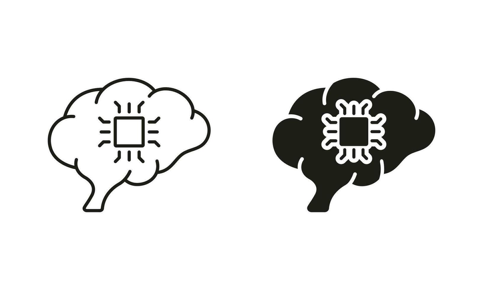 Human Brain and Network Chip, Modern Technology Silhouette and Line Icons Set. AI, Innovation Neuroscience Pictogram. Artificial Intelligence Black Symbol Collection. Isolated Vector Illustration.