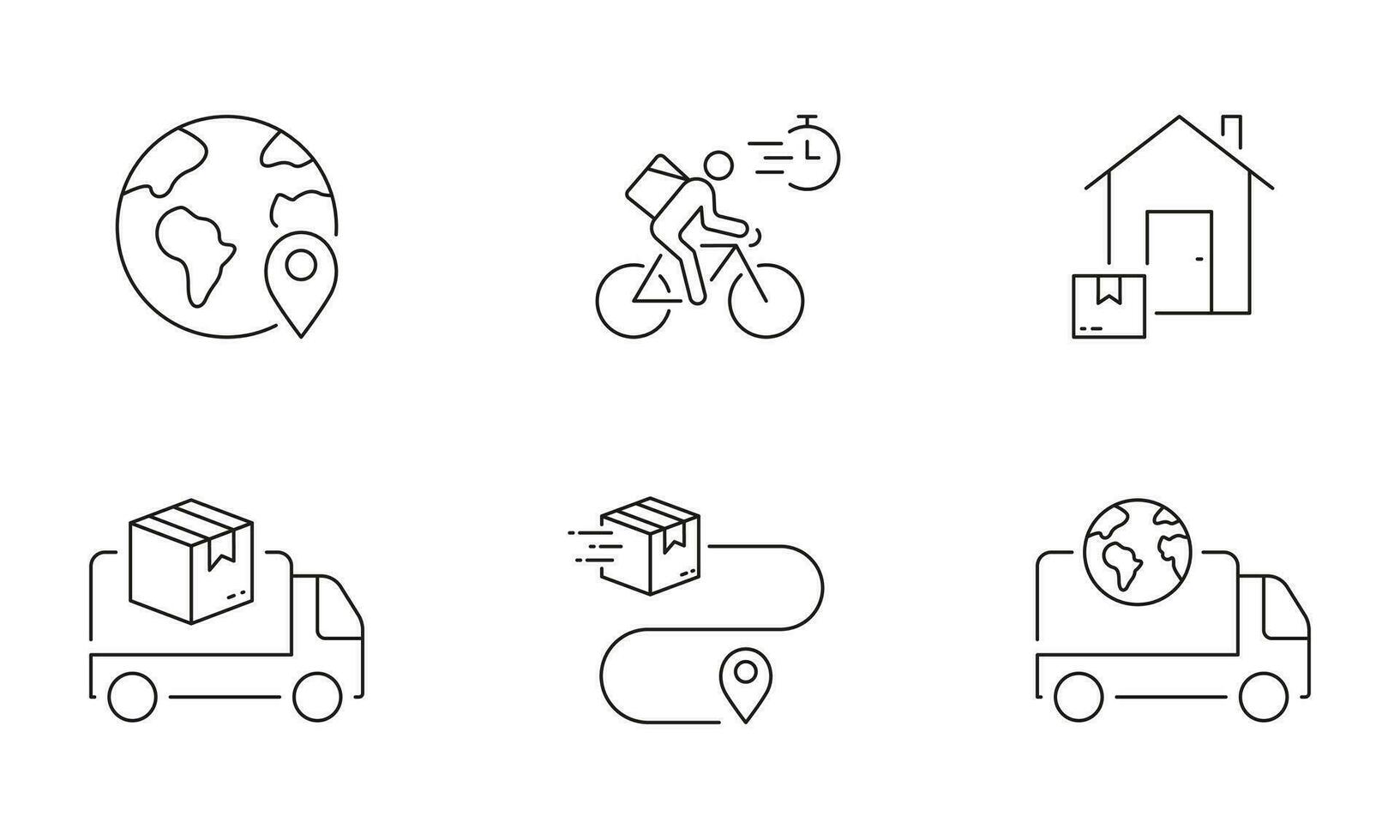 en todo el mundo Envío línea icono colocar. bicicleta entrega a hogar lineal pictograma. caja contorno símbolo. Rápido paquete o empaquetar transporte por camioneta signo. editable ataque. aislado vector ilustración.
