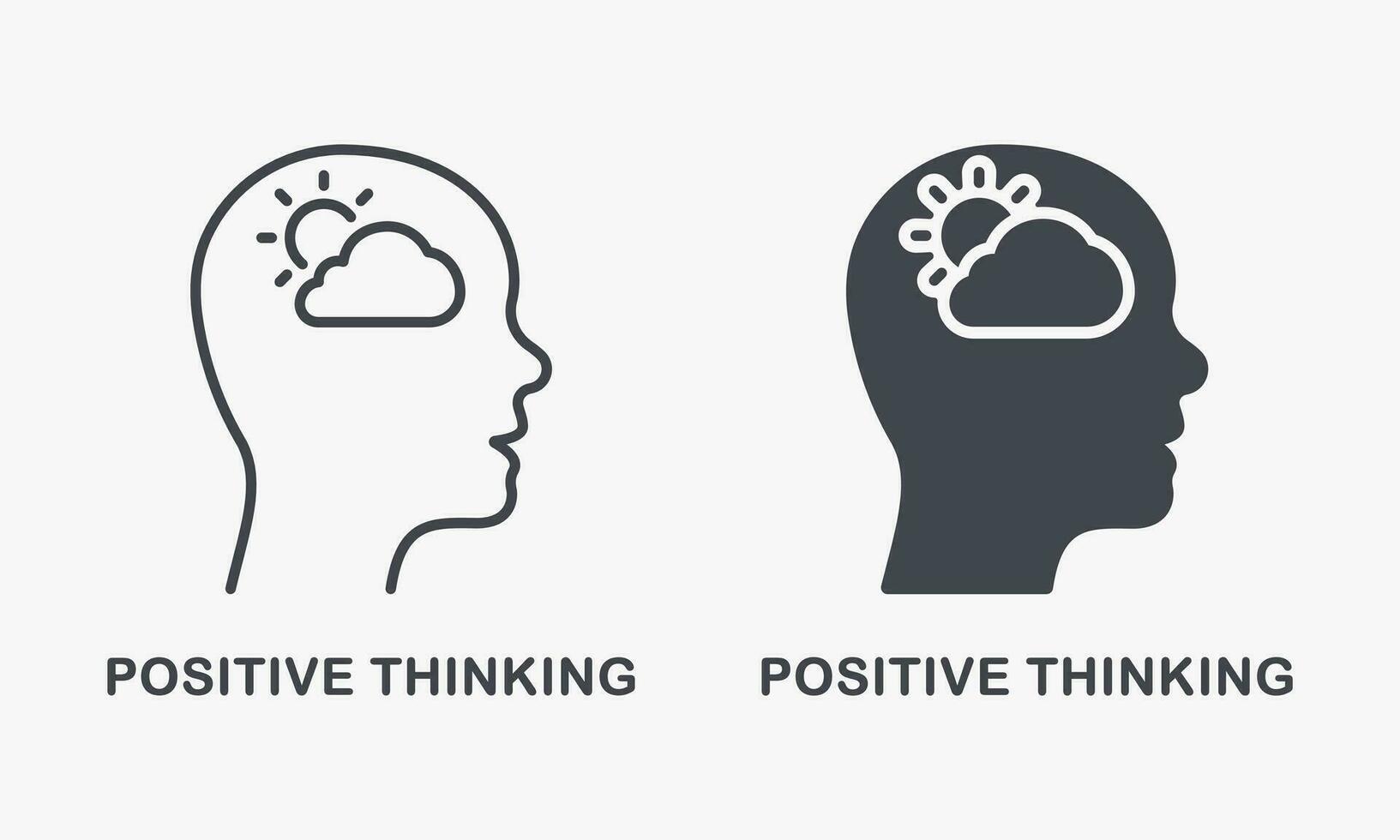 Positive Thinking, Inspiration Silhouette and Line Icon Set. Sun in Human Head Optimistic Good Emotion Pictogram. Intellectual Process, Mental Health Symbol Collection. Isolated Vector Illustration.