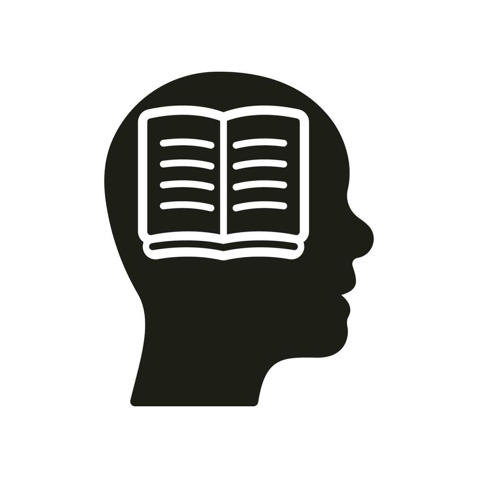 aprendiendo, cognición, sabiduría, idea, conocimiento, educación silueta icono. libro en humano cabeza glifo pictograma. inteligente cerebro sólido signo. intelectual proceso símbolo. aislado vector ilustración.