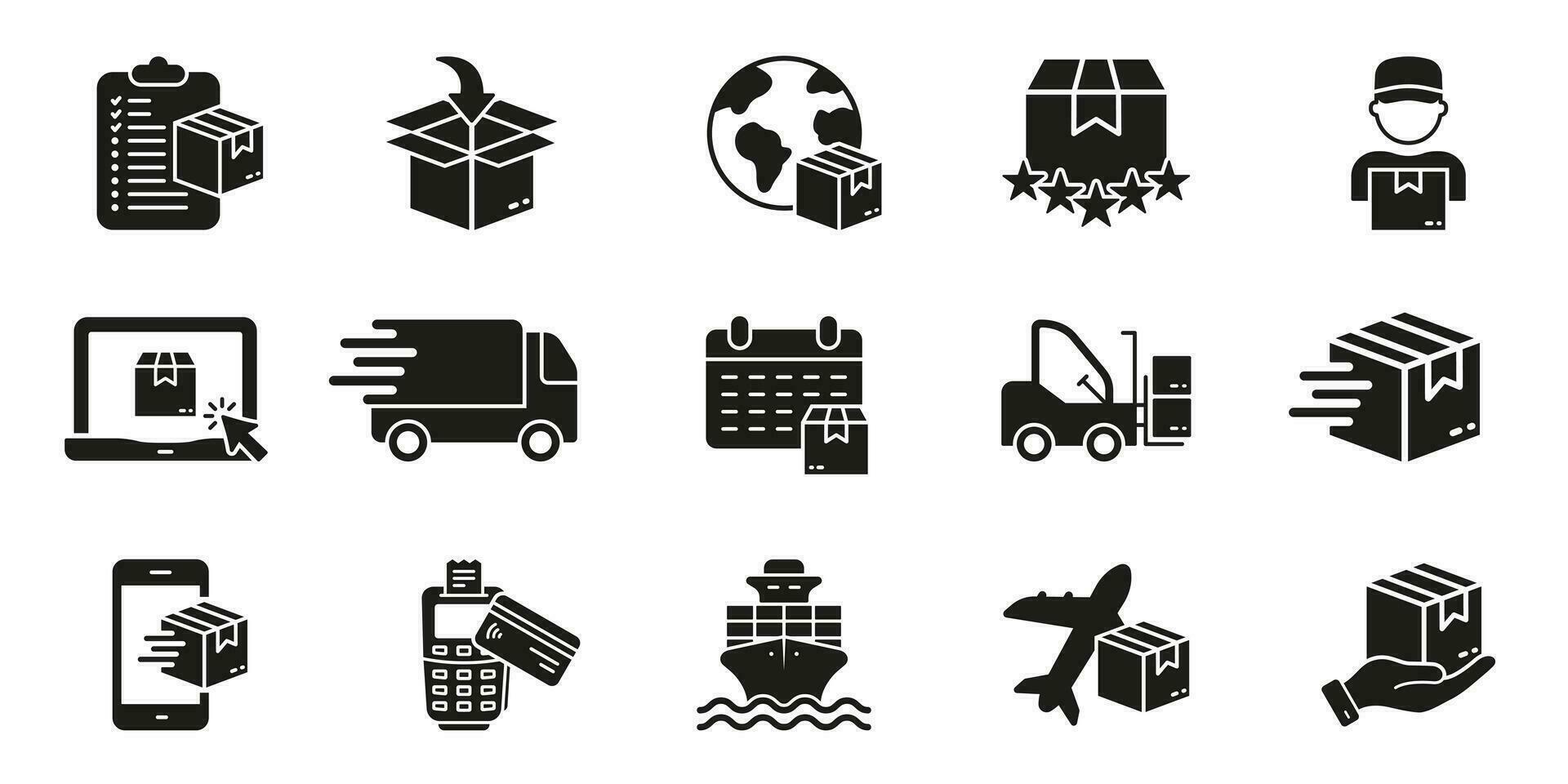 Distribution and Logistic Silhouette Icon Set. Cargo Fast Delivery Glyph Pictogram. Parcel Package, Express Transportation Solid Sign. Online Shopping Symbol Collection. Isolated Vector Illustration.