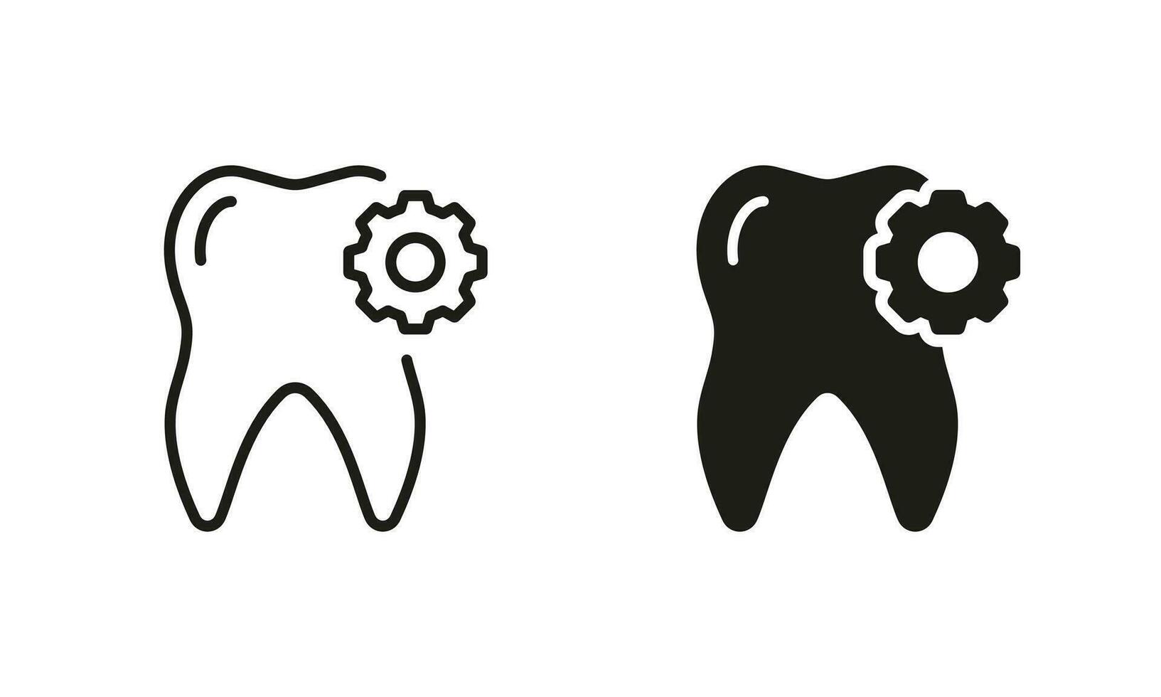 Dental Repair Silhouette and Line Icon Set. Tooth with Gear, Medical