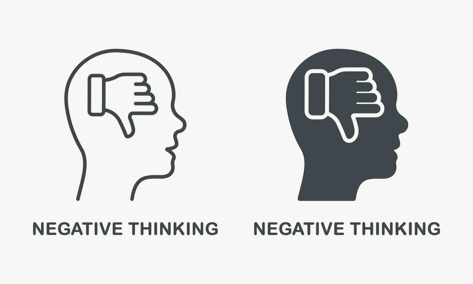 Negative Thinking Silhouette and Line Icon Set. Thumb Down in Human Head Pessimism and Frustration Symbol Collection. Mental Disorder, Pessimistic Person, Bad Mood. Isolated Vector Illustration.