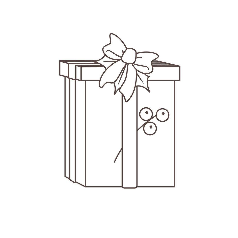 aislado vector Navidad regalo caja con rama de acebo bayas y arco. elemento de Navidad y nuevo año decoración. contorno ilustración