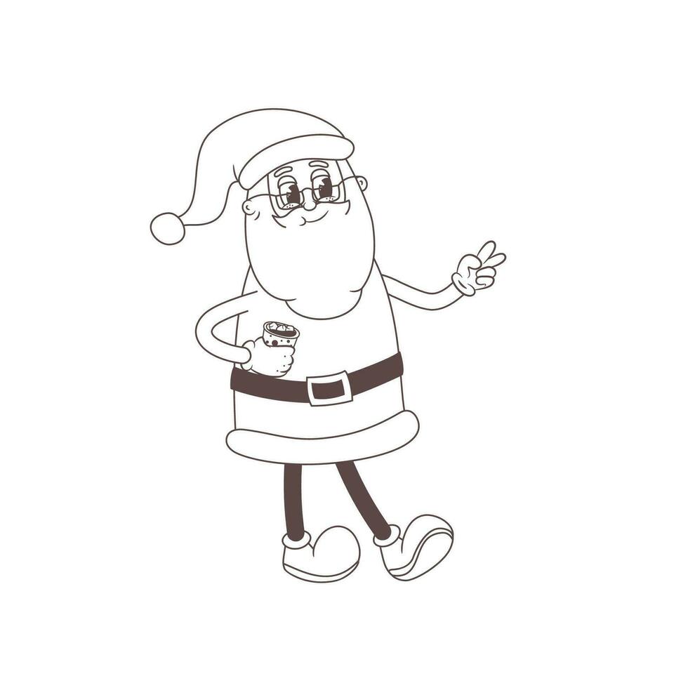 Vector Groovy Santa Claus outline illustration. Merry Christmas and Happy new year mascot in Retro cartoon line style 60s, 70s