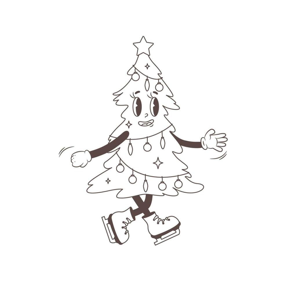 Vector Groovy ice-skating Christmas tree character with lights. Stylized outline isolated illustration of Retro cartoon character in style 60s 70s
