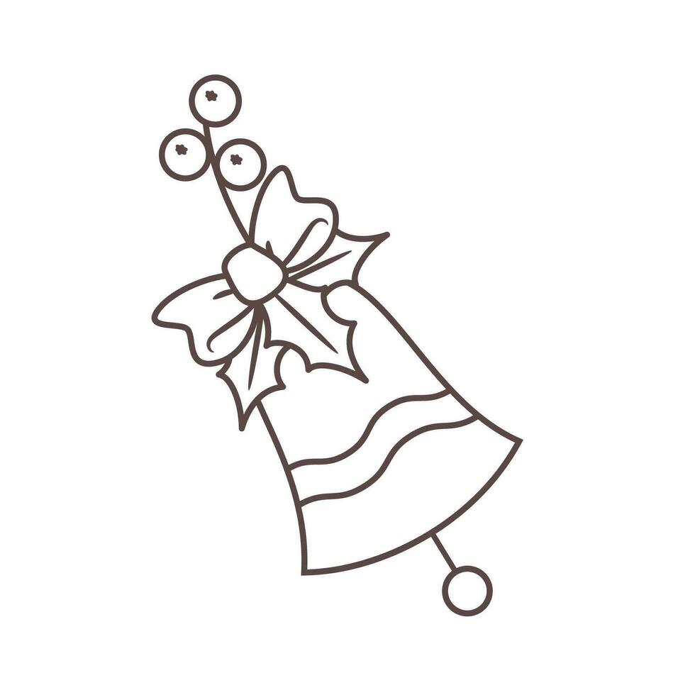 Vector Outline Illustration of simple bell with Holly berry and tied bow. Isolated object. Symbol of Christmas and Happy New Year events