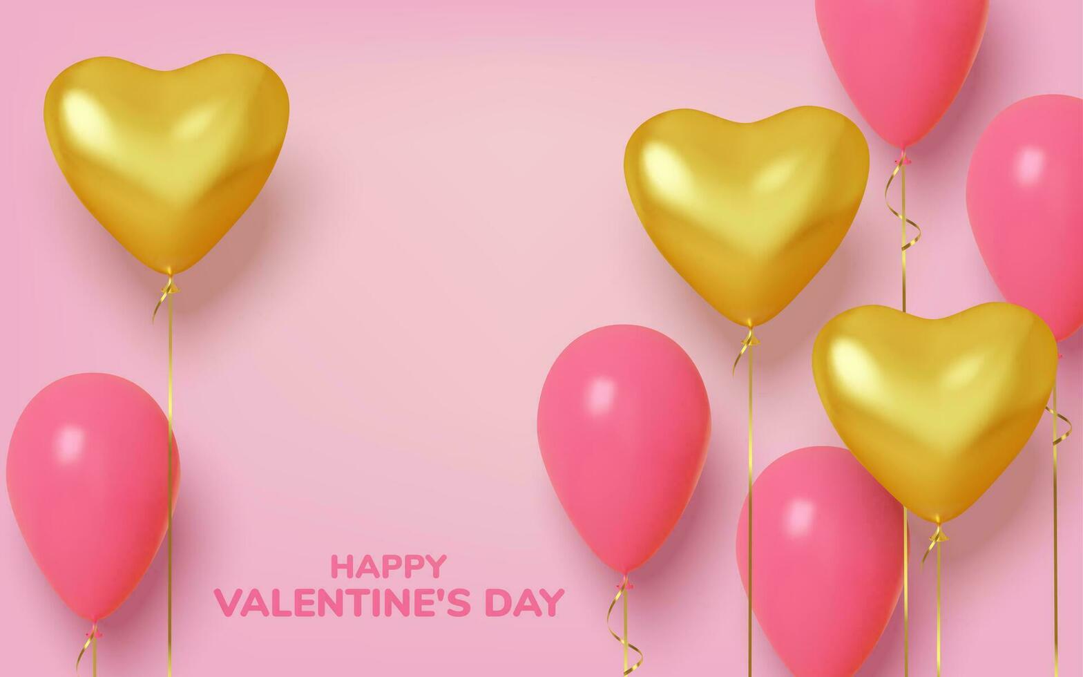 Valentine's day background with realistic balloons pink and gold in shape hearts. Love and wedding. Template for products, web banners and leaflets. Vector