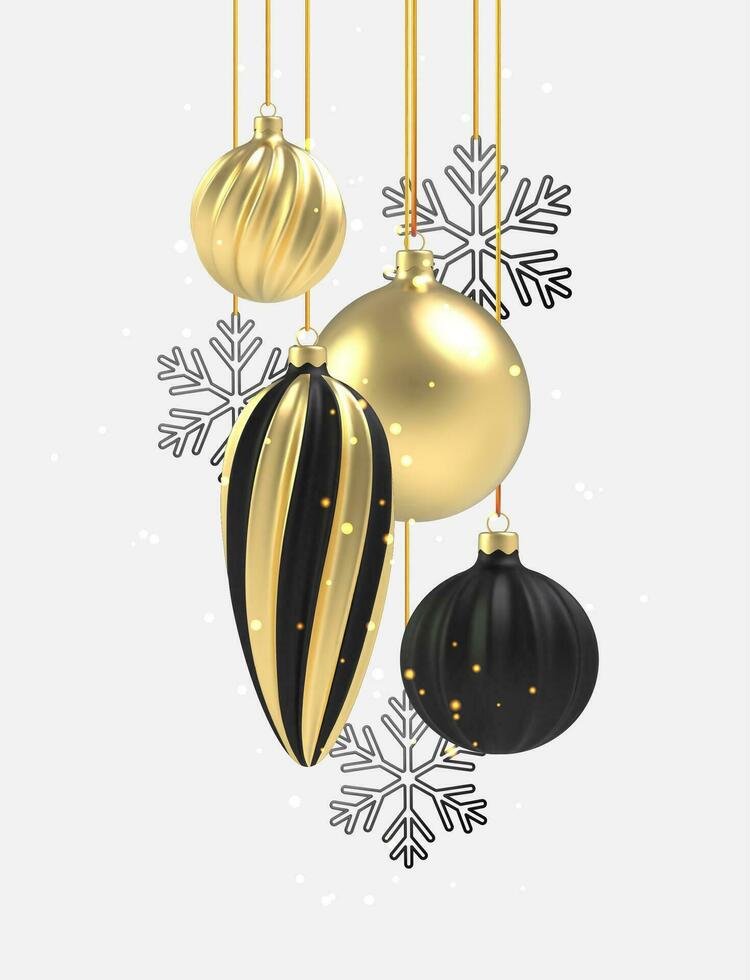 Xmas background Gold and black Christmas ball in realistic style on white background. Vector illustration.