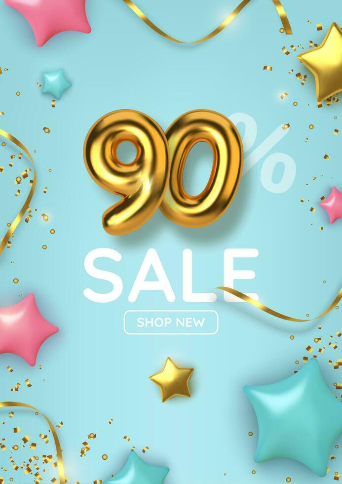 90 off discount promotion sale made of realistic 3d gold balloons with stars, sepantine and tinsel. Number in the form of golden balloons.  Vector