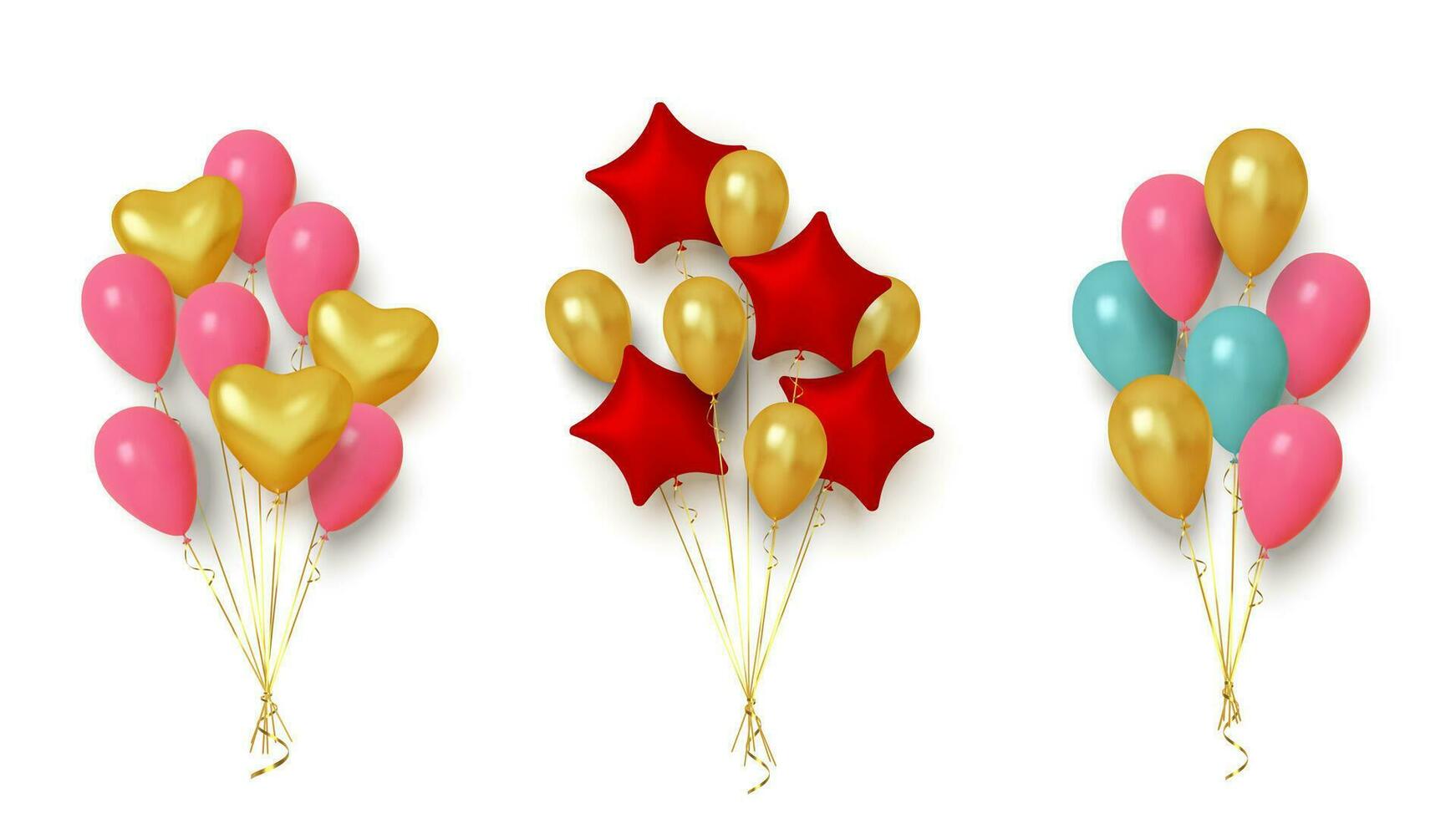 Realistic group of balloons in shape heart and star on white background. Vector illustration