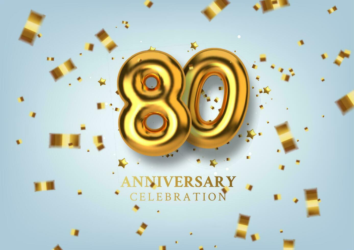 80th Anniversary celebration. Number in the form of golden balloons. Realistic 3d gold numbers and sparkling confetti, serpentine. Horizontal template for Birthday or wedding event. Vector