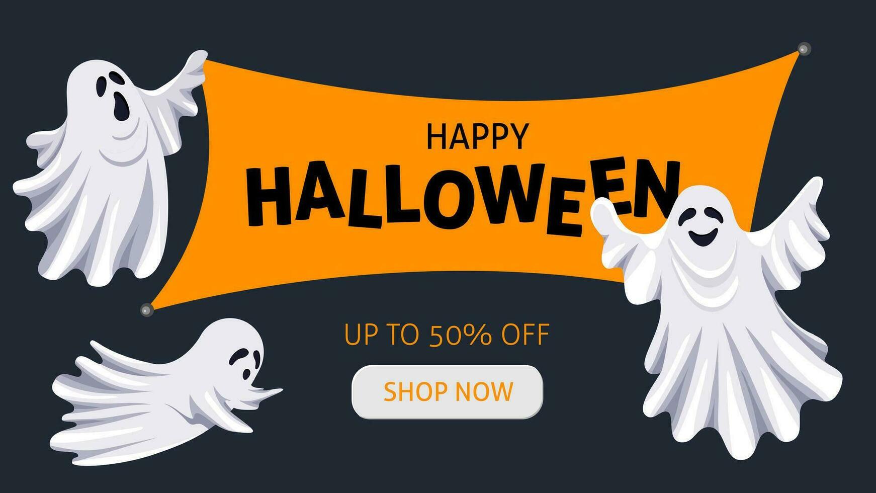 Flat illustration with ghosts on dark background for banner design. Abstract vector illustration.