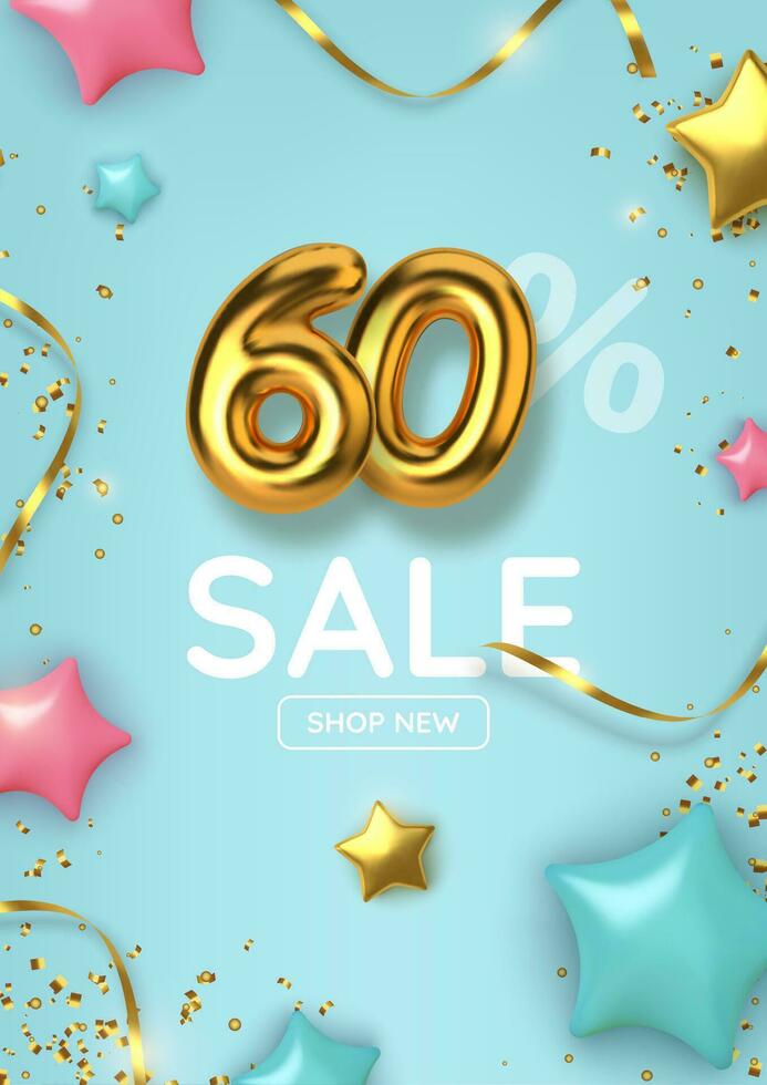 60 off discount promotion sale made of realistic 3d gold balloons with stars, sepantine and tinsel. Number in the form of golden balloons.  Vector