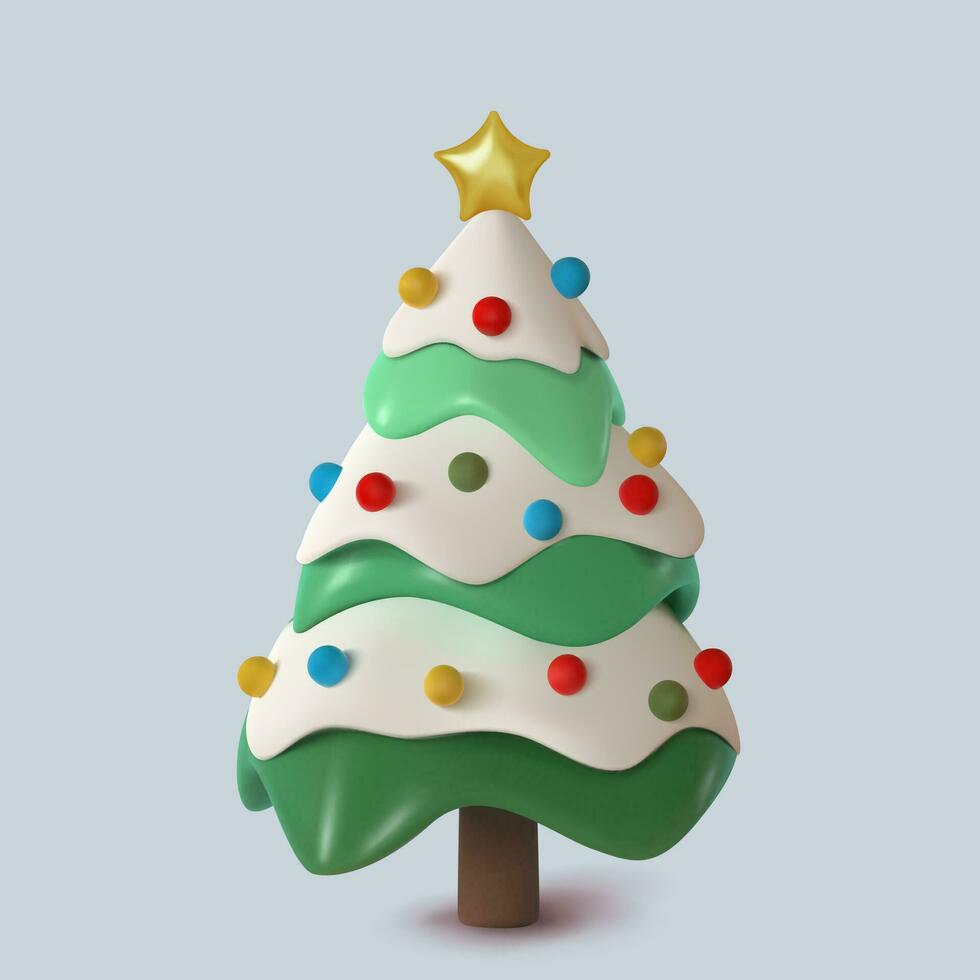 Abstract snow Christmas tree decorated with toys. Vector 3d illustration. Happy New Year and Merry Christmas.