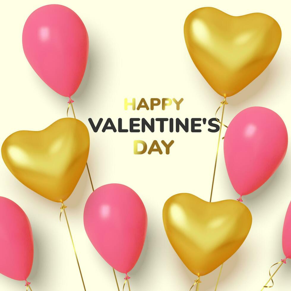 Valentine's day background with realistic balloons pink and gold in shape hearts. Love and wedding. Template for products, web banners and leaflets. Vector