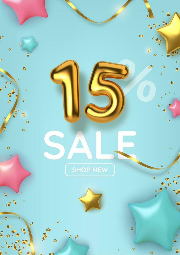 15 off discount promotion sale made of realistic 3d gold balloons with stars, sepantine and tinsel. Number in the form of golden balloons.  Vector