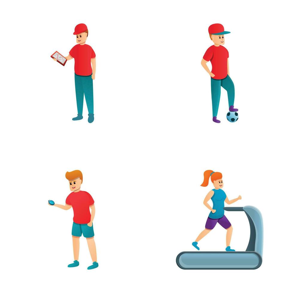 Workout icons set cartoon vector. Man and woman playing sport with trainer vector