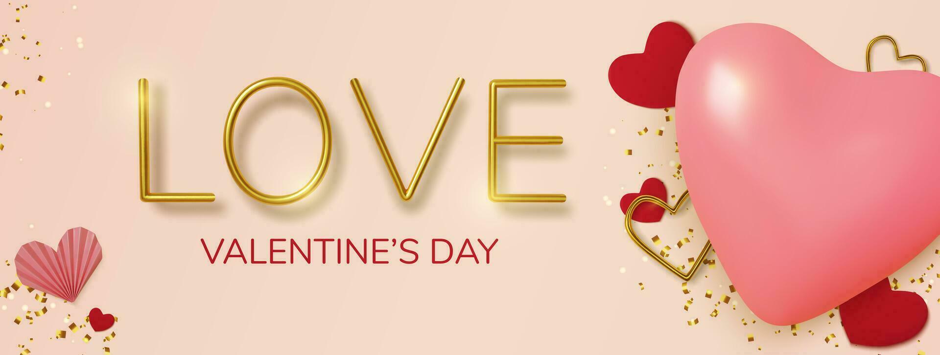 Valentines Day greeting card. Realistic 3d pink balloon hearts and gold text on pink background. Love and wedding. Template for products, web banners and leaflets. Vector illustration