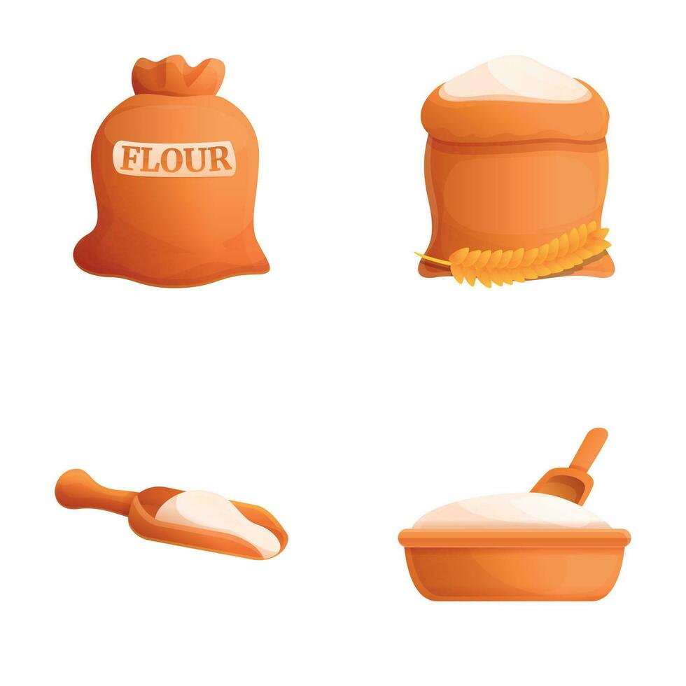 Flour bag icons set cartoon vector. Wheat flour in sack and bowl vector
