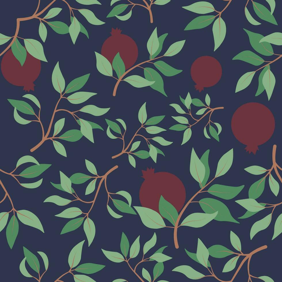 Vector seamless pattern with pomegranate branches and leaves. Wallpaper, background, paper or fabric print