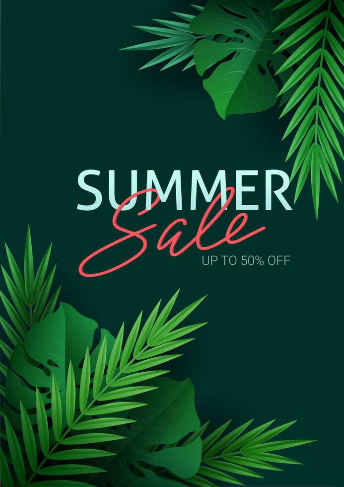 Hello summer, summertime. The text poster against the background of tropical plants. Palm leaves, jungle leaf and handwriting lettering. The poster for sale and an advertizing sign.  Vector