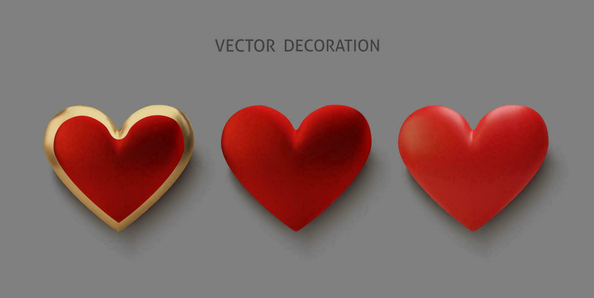 Set Realistic 3d gold and red heart. Happy Valentines Day greeting card. Love and wedding. Graphic element for design. Vector illustration