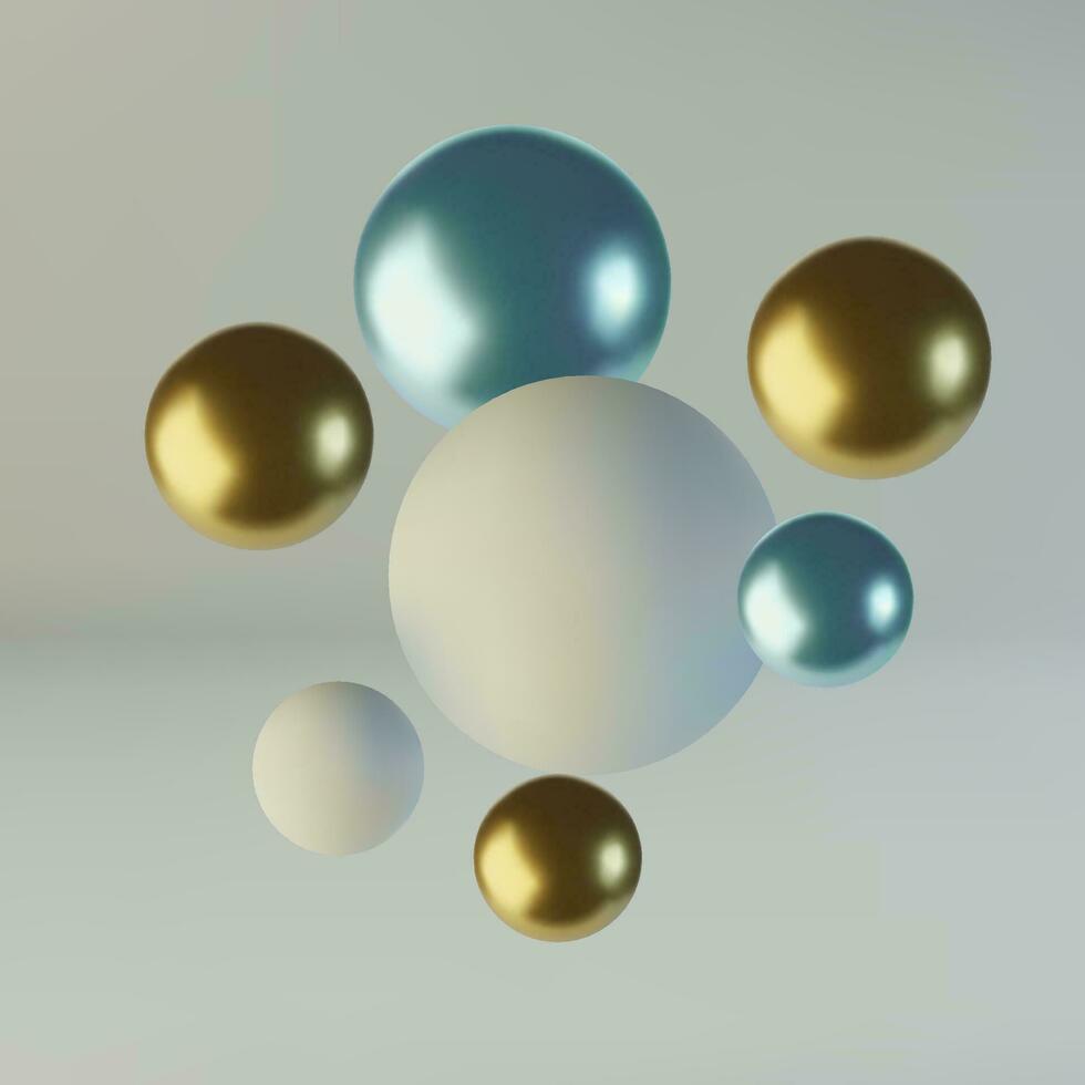 Blue and gold spheres of balls. Realistic abstract background with 3d. Blue and white bubbles. Vector illustration