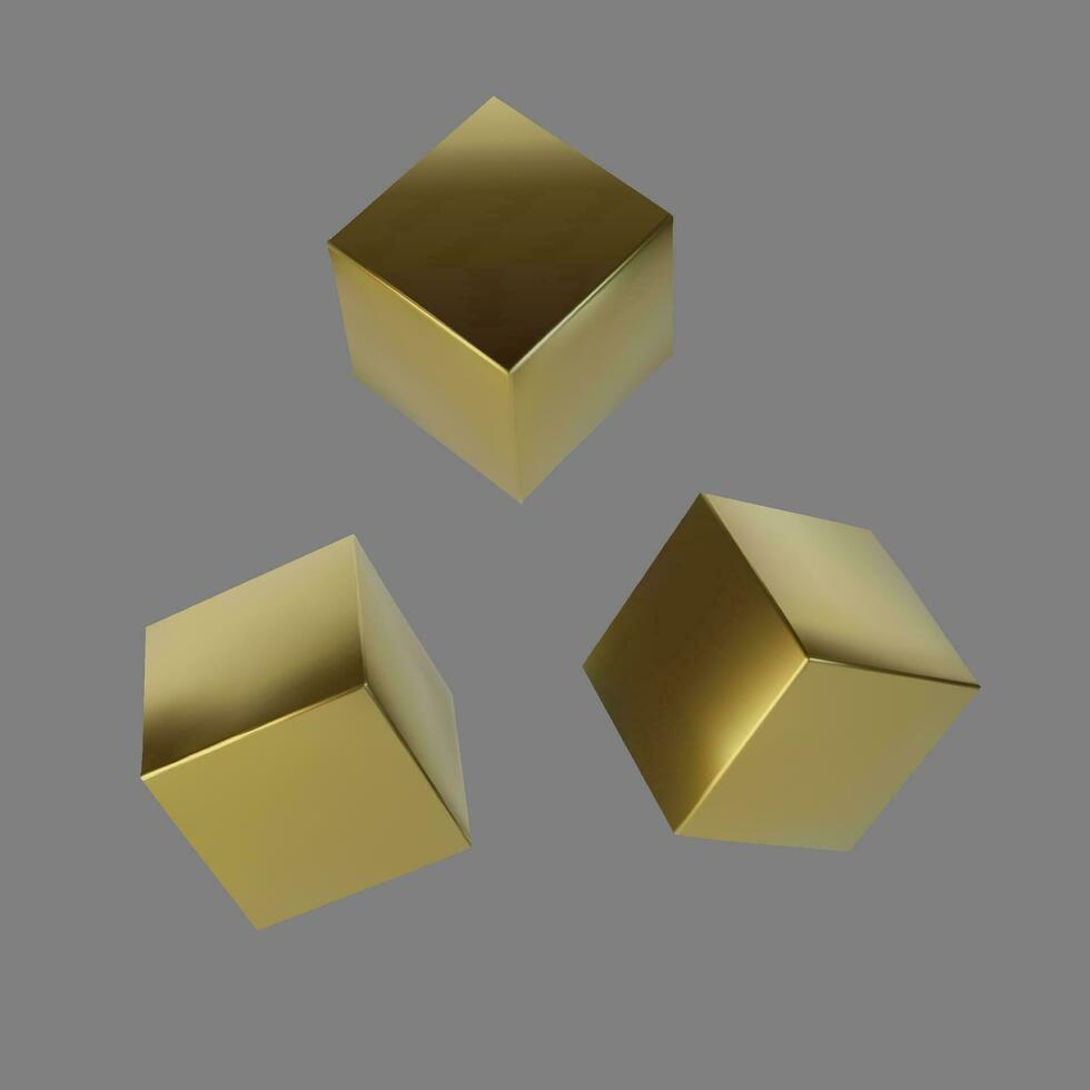 Set golden cube isolated on grey background. Design element of 3d box gold color. Vector illustration