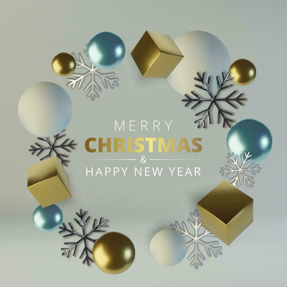 Realistic spheres and cubes. Abstract background of primitive geometric figures. Realistic 3d illustration of shimmering metallic snowflake. Greeting card, invitation happy New year and Christmas vector