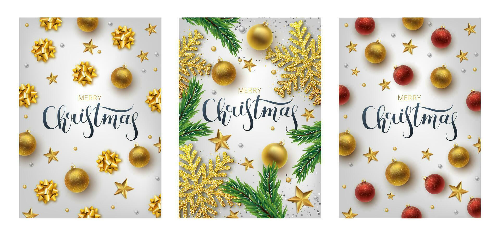 Set Christmas greeting card, grey background.Gold and silver Christmas ball, and branch fir-tree. Metallic gold and silver Christmas snowflake. Hand drawn lettering. Vector illustration
