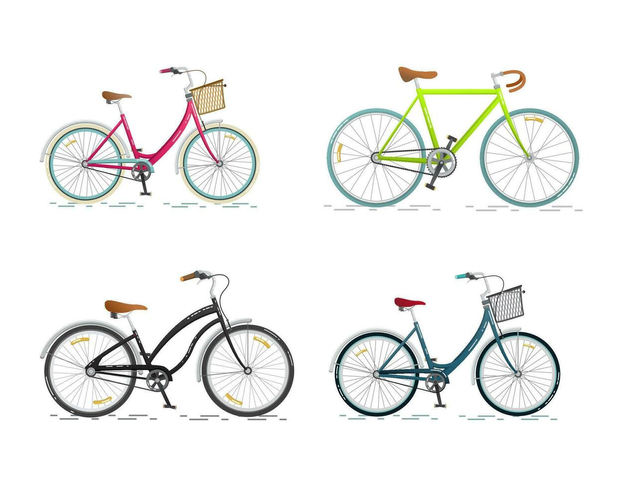 Set sports bicycle. Flat bike isolated on white background. Healthy lifestyle and city vehicle. Vector illustrations