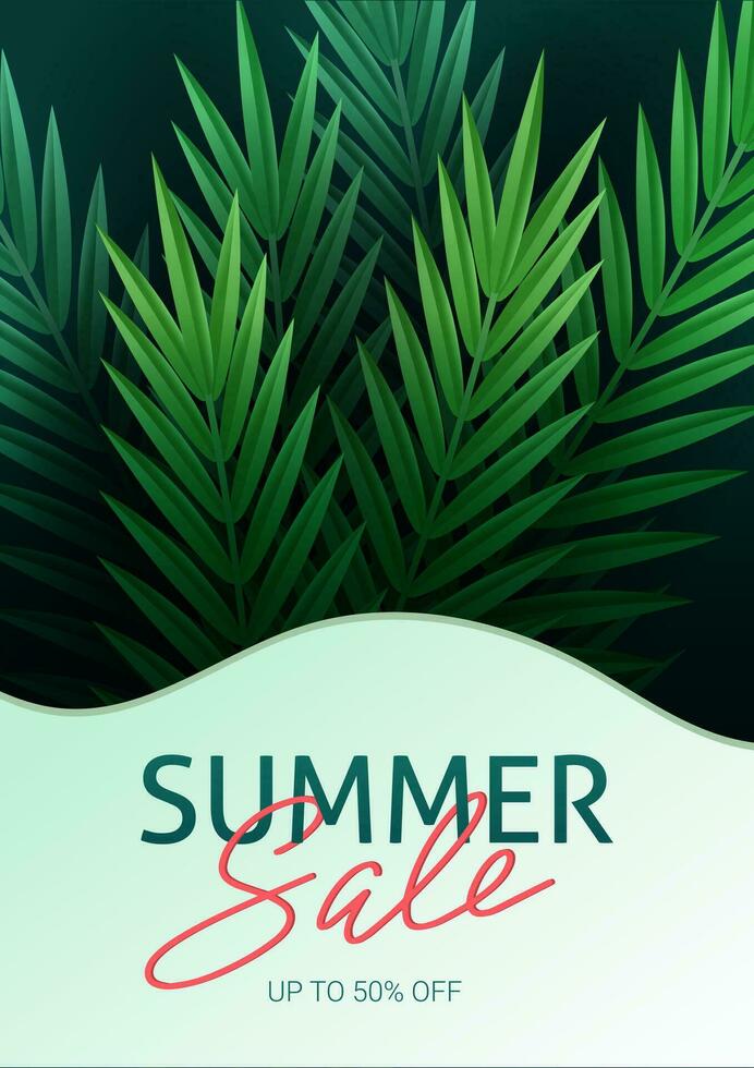 Hello summer, summertime. The text poster against the background of tropical plants. Palm leaves, jungle leaf and handwriting lettering. The poster for sale and an advertizing sign.  Vector