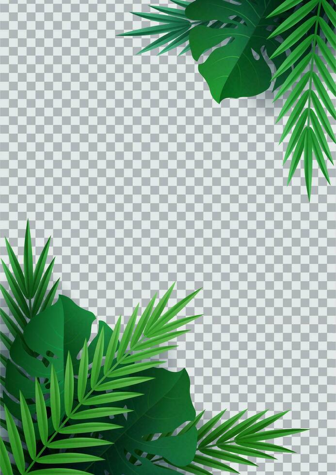 Hello summer, summertime. Background of tropical plants. Palm leaves, jungle leaf. The poster for sale and an advertizing sign.  Vector