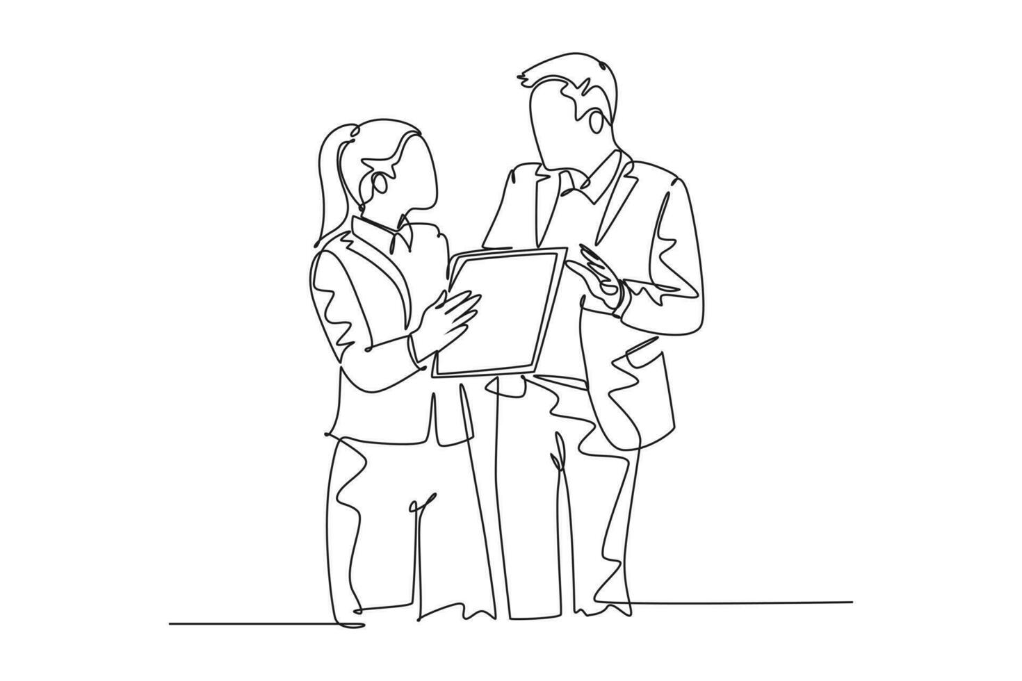 Single one line drawing of young male and female managers discussing strategic planning to increase company profit. Business growth discussion. Continuous line draw design graphic vector illustration