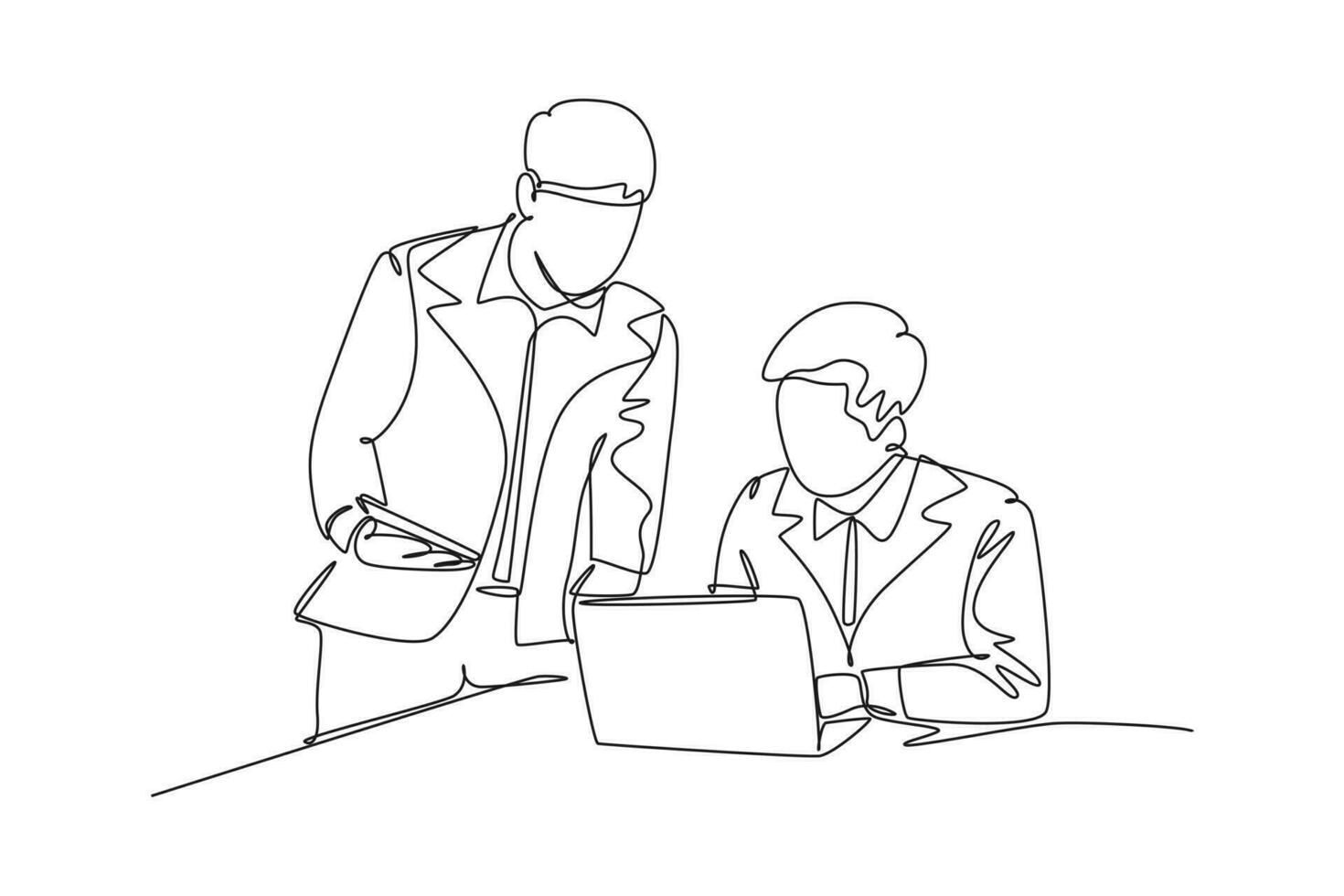 Single one line drawing of young manager discussing work plan with his subordinate while staring laptop monitor. Business discussion concept. Modern continuous line design graphic vector illustration