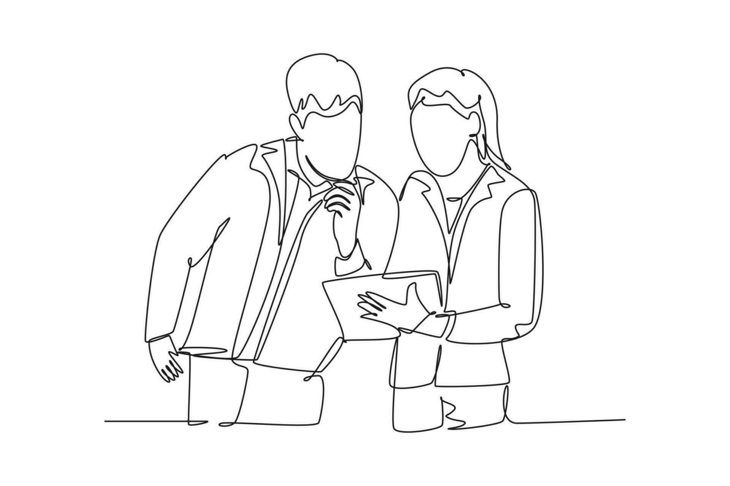 Single continuous line drawing young happy male and female marketing manager discussing sales progress on tablet phone. Online business report concept. One line draw graphic design vector illustration