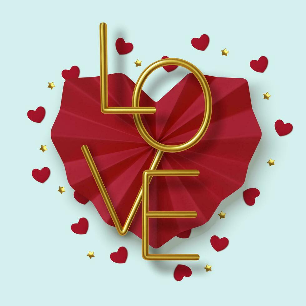 Valentines Day greeting card. Realistic 3d red paper hearts and gold text on blue background. Love and wedding. Template for products, web banners and leaflets. Vector