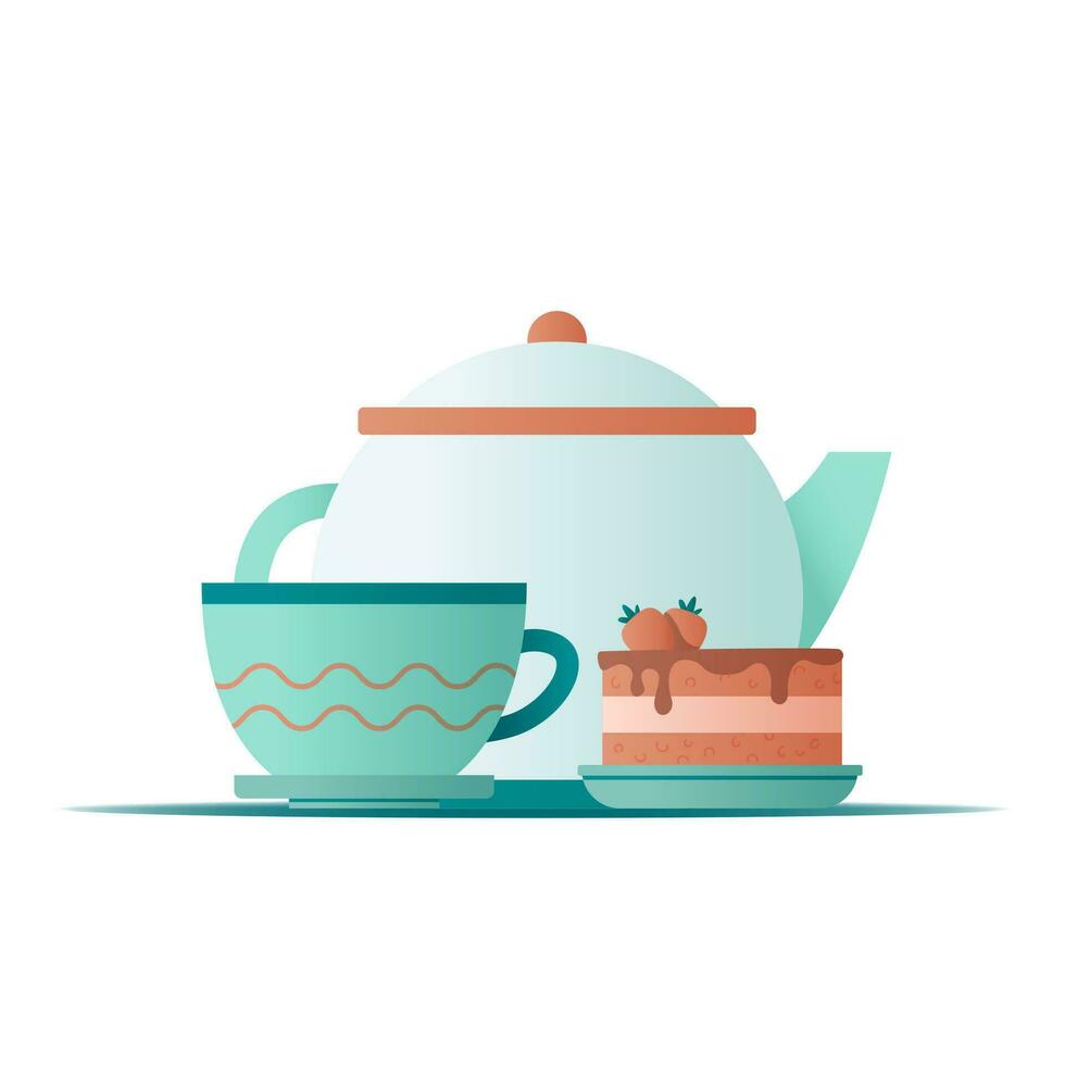 plano ilustración tetera y té jarra con fresa pastel en blanco antecedentes para concepto diseño. vector ilustración