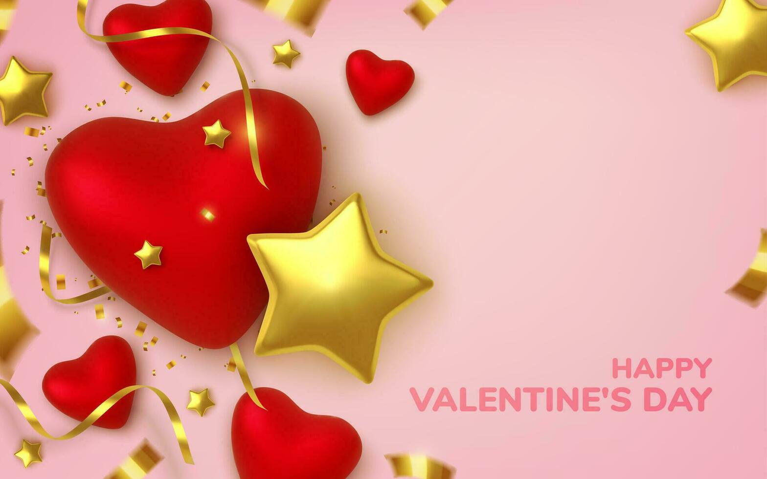Valentines Day greeting card. Realistic 3d red hearts in tinsel vector