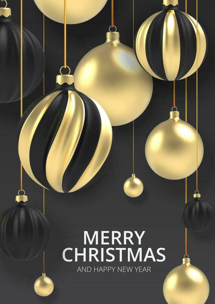Xmas background Gold Christmas ball in realistic style on black  background. Vector illustration.