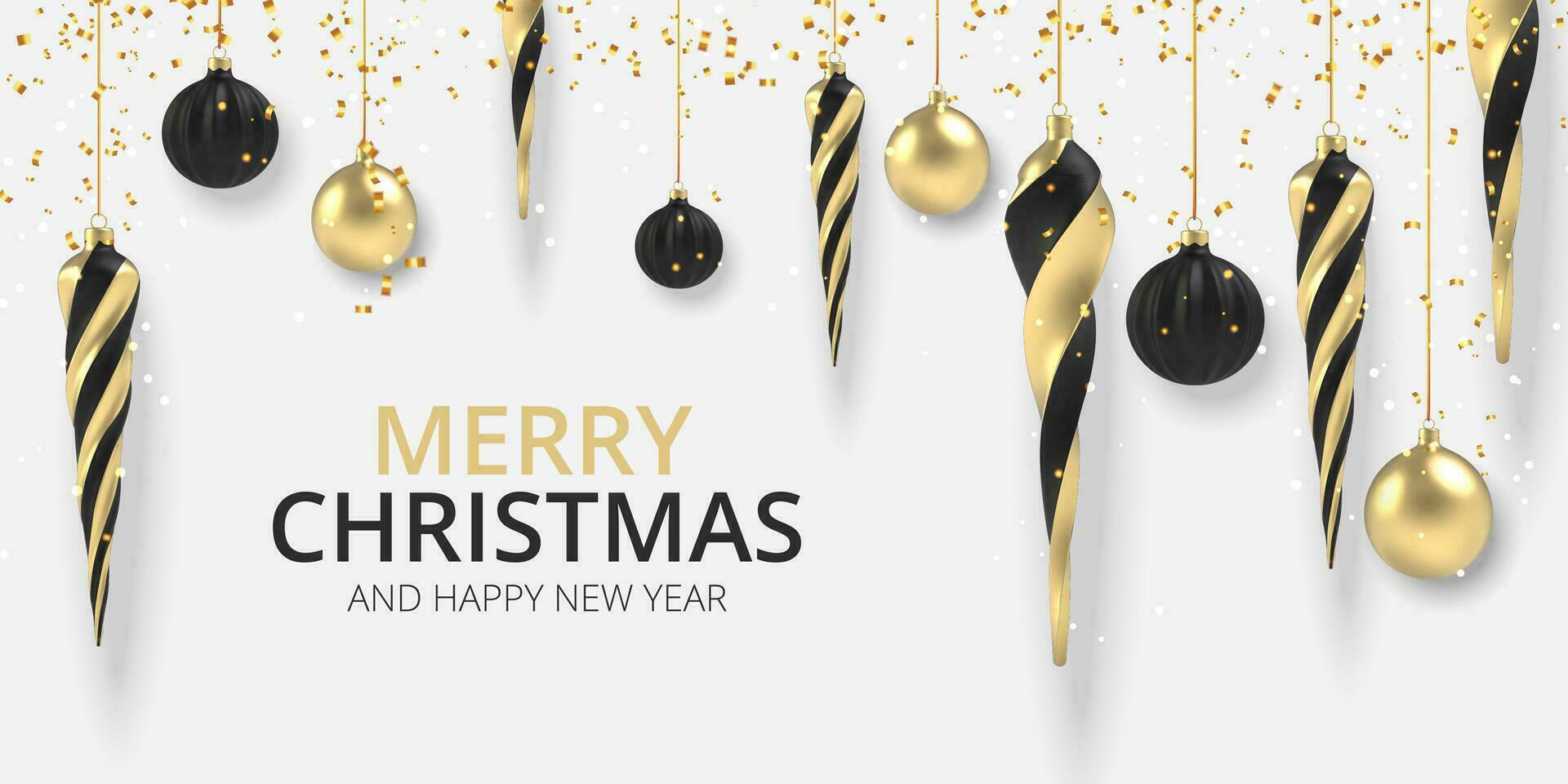 Xmas background Gold and black Christmas ball in realistic style on white background. Vector illustration.