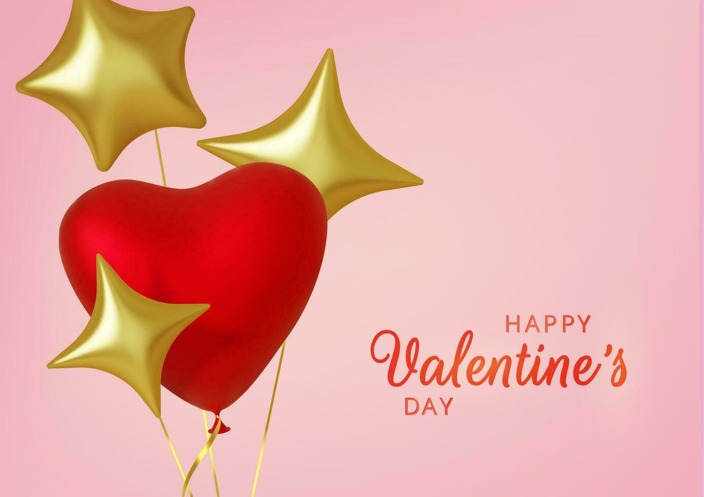 Valentines Day greeting card. Realistic 3d pink balloons hearts and gold stars on pink background. Love and wedding. Template for products, web banners and leaflets. Vector illustration