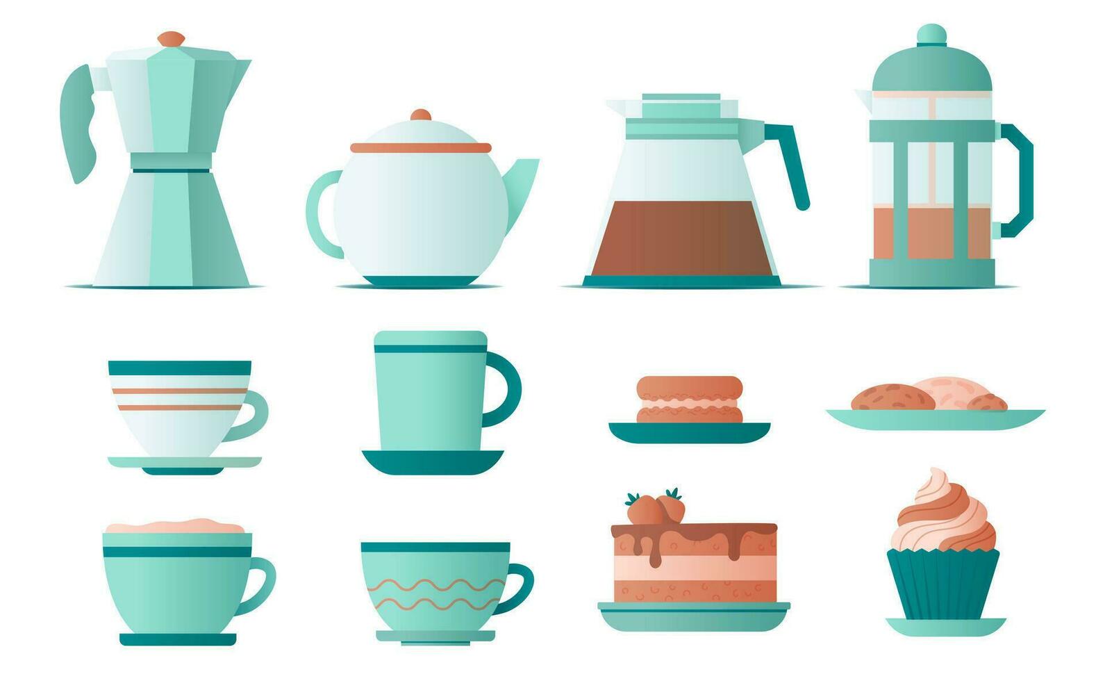 Different cups, coffee kettles and sweet dessert. Mug tea coffee, french press, geyser coffee maker take away hot drinks. Flat vector illustration.